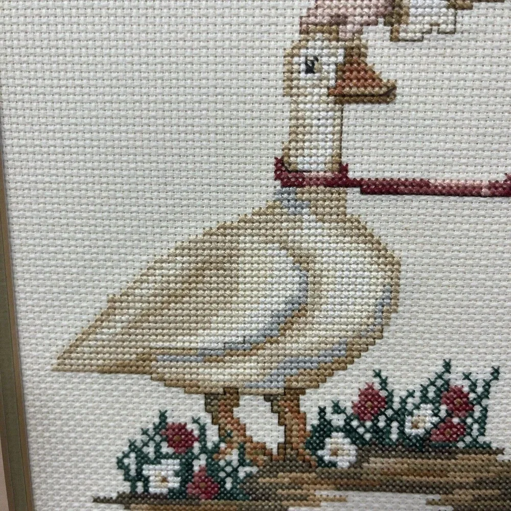 Vintage Finished Cross Stitch English Victorian Boy w/ Duck 1989 16x12